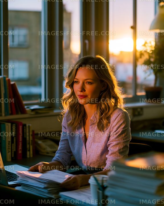 Woman working at a desk with papers during sunset