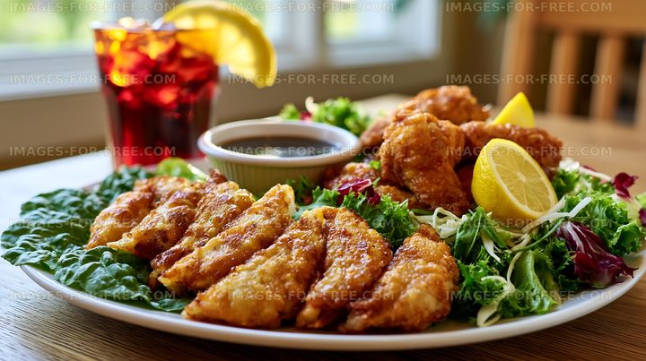 Fried chicken and fish served with salad and beverages on a table