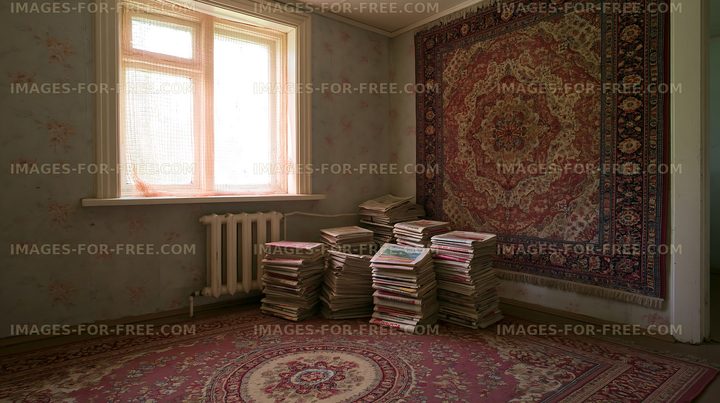 Books stacked in an old room with a large carpet and window