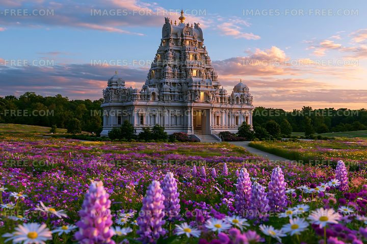 Temple surrounded by flowers at sunset in a scenic landscape