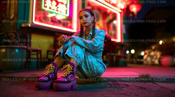 Woman sitting in urban alley at night with colorful lights