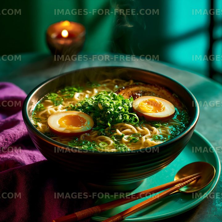 Hot bowl of ramen with eggs and green onions on a table
