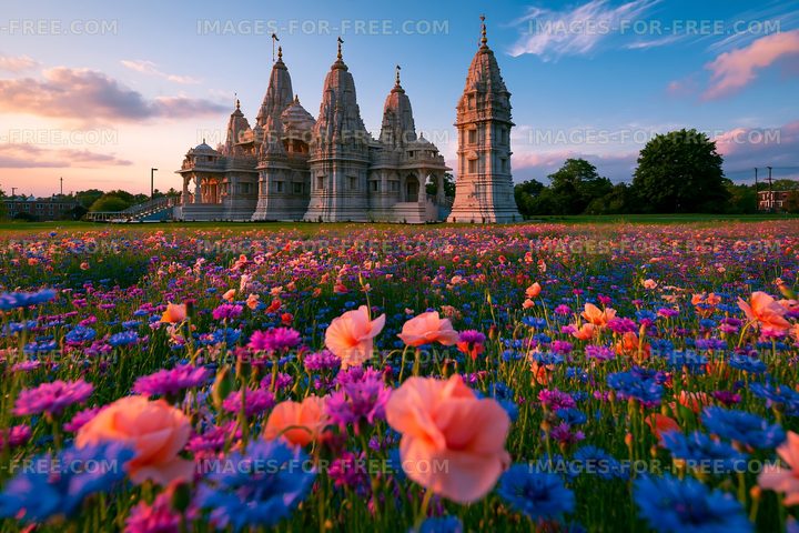 Temple surrounded by colorful flowers at sunset