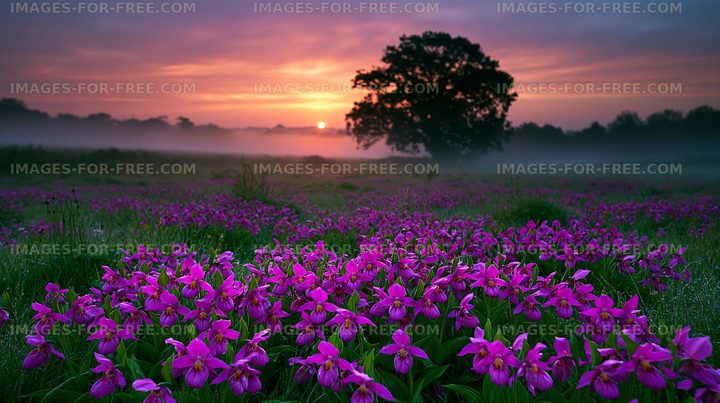 Purple orchids bloom under sunrise in a misty field