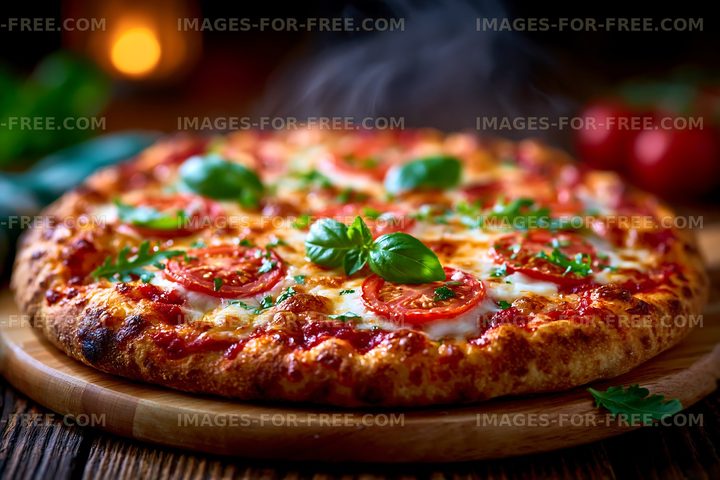 Freshly baked pizza with basil and tomatoes on wooden table