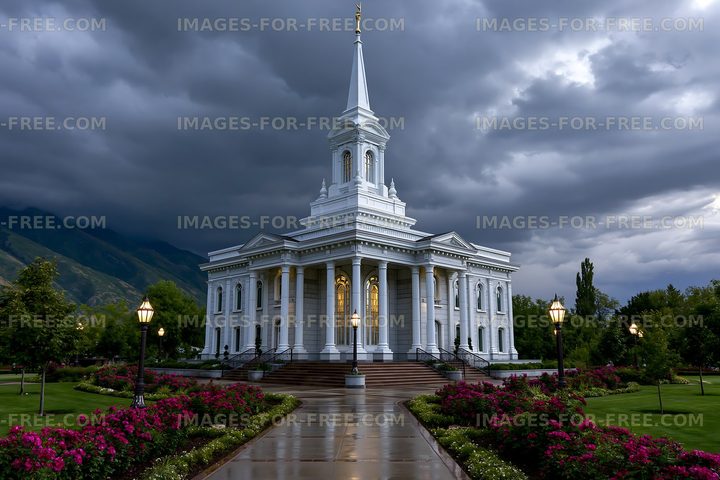 Church building with tall steeple under cloudy sky