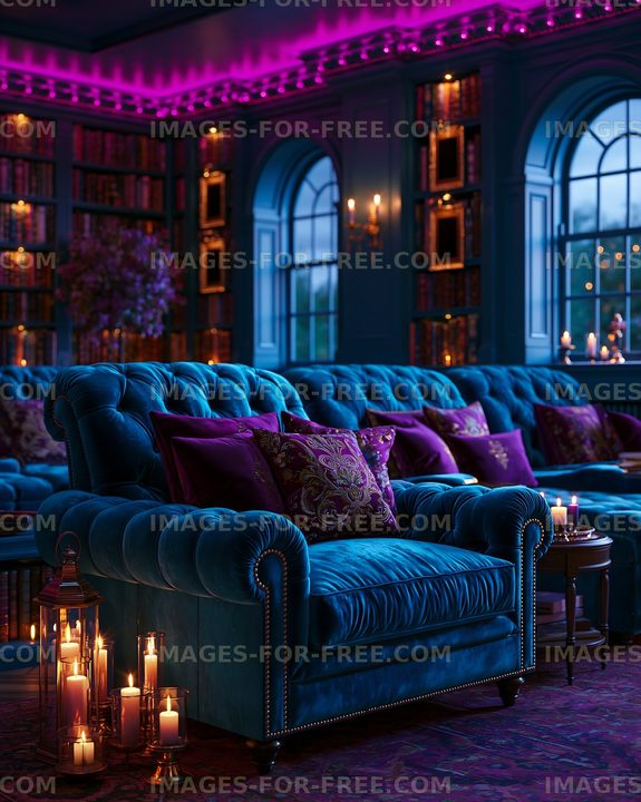 Cozy seating area with blue velvet chairs and soft lighting
