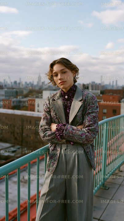 Fashion model poses on rooftop with city skyline in background