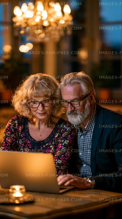 Couple working together on a laptop in a cozy evening setting