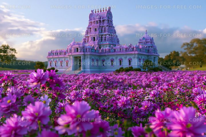 Colorful temple surrounded by purple flowers in a field