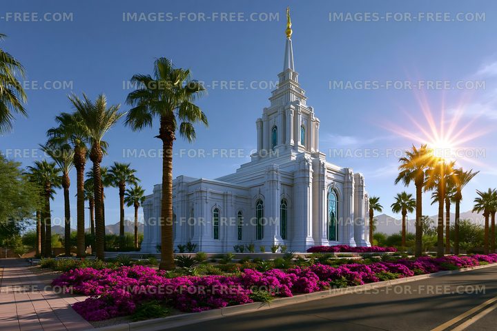 Beautiful temple with palm trees and flowers during sunset