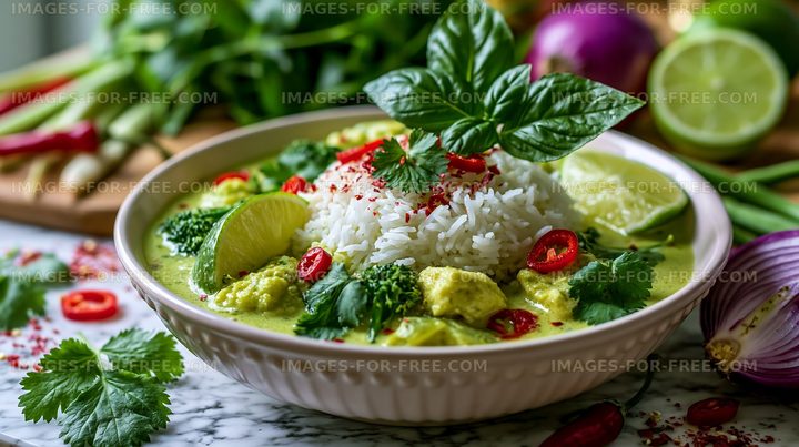 Green curry with chicken, rice, and fresh ingredients on a table