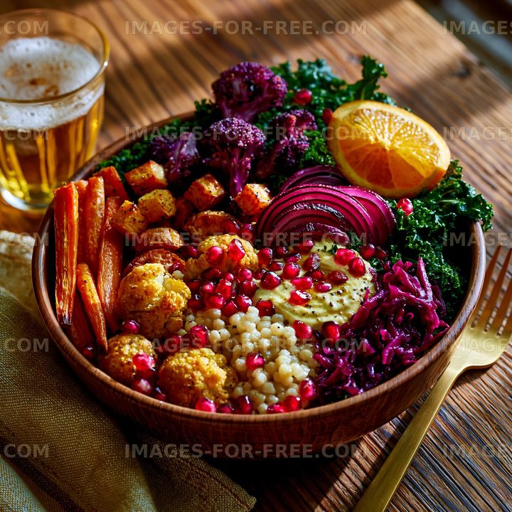 Colorful bowl of healthy food with grains, vegetables, and fruit