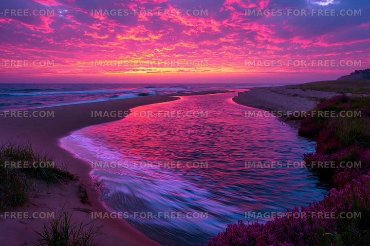 Sunset over a beach with flowing water and colorful sky