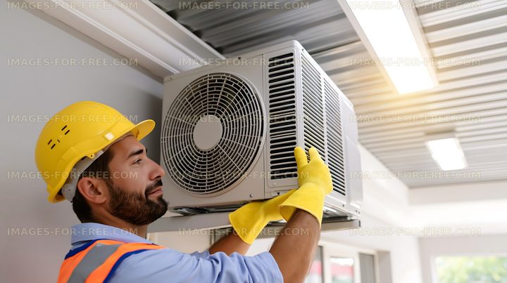 Man installing air conditioning unit indoors in a modern space
