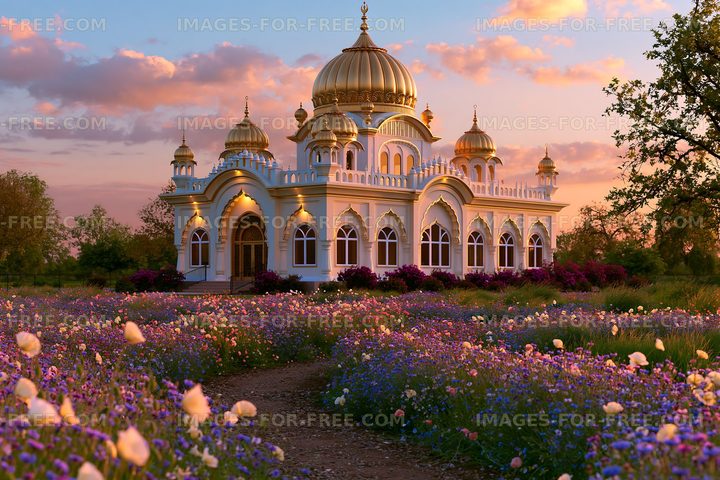 Sunset view of a palace surrounded by flowers