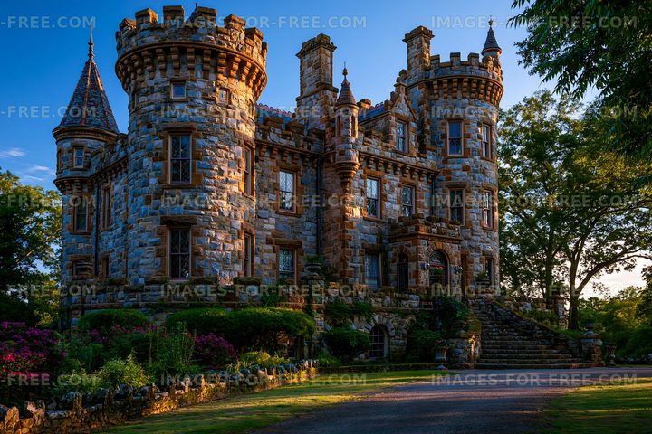 Historic stone castle stands in a green landscape during sunset