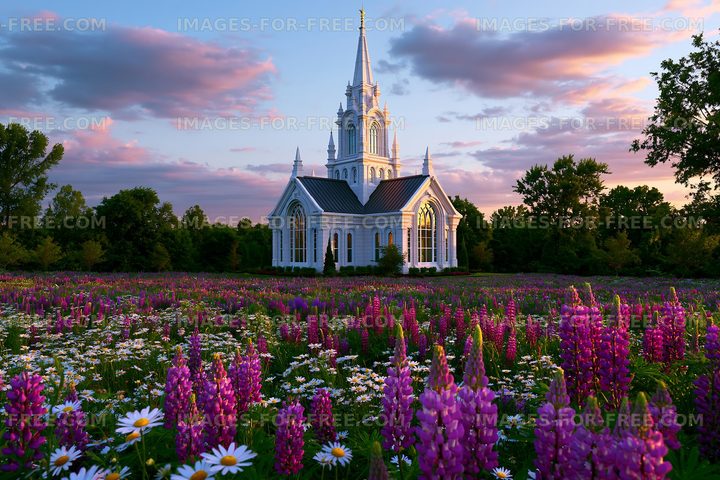 Flowers surround a church at sunset in a rural area