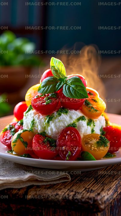 Fresh mozzarella with cherry tomatoes and basil on a wooden table