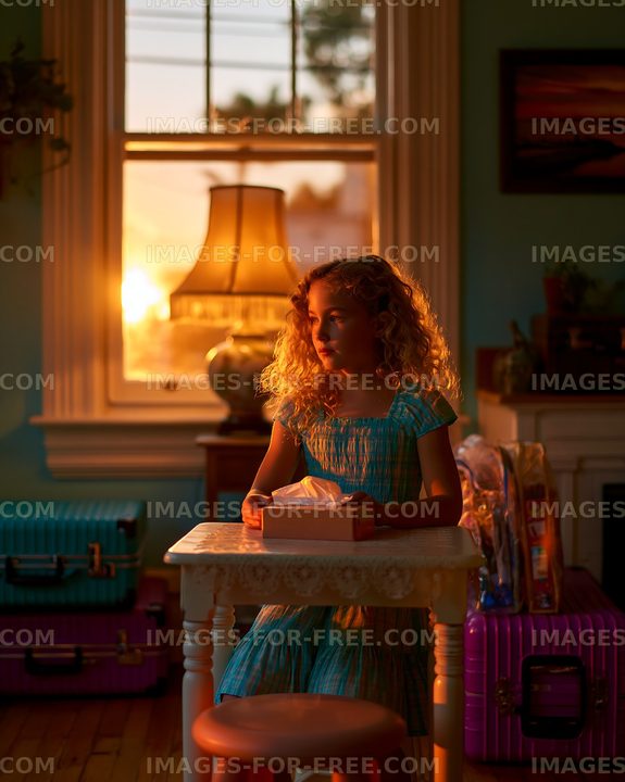 Girl sitting at a table in a room with sunset light