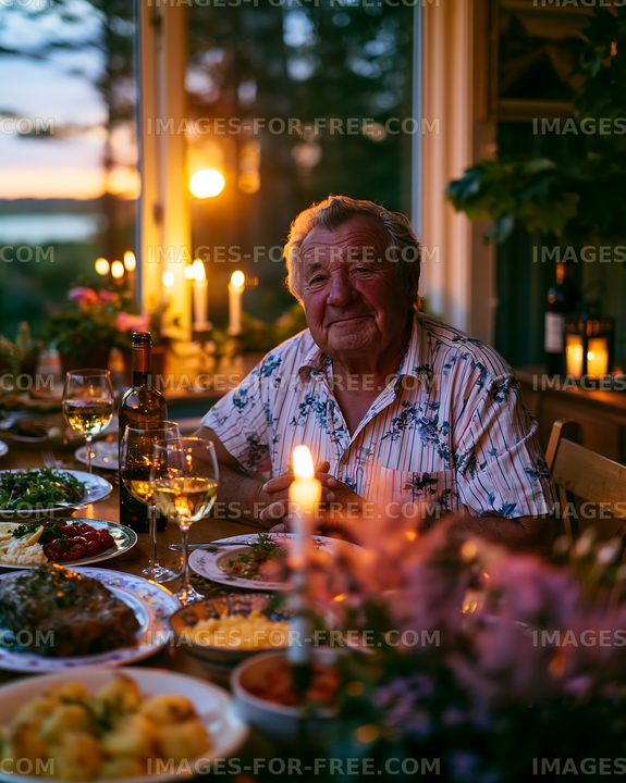 Dinner gathering at sunset with an older man and various dishes
