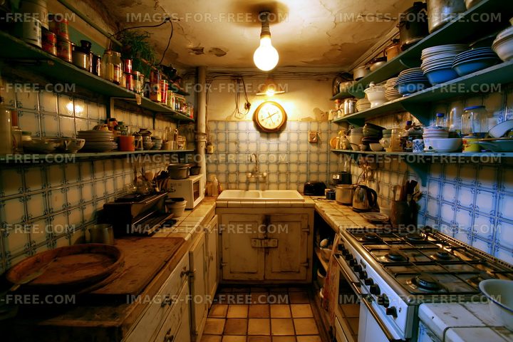 Old kitchen with worn cabinets and rustic decor