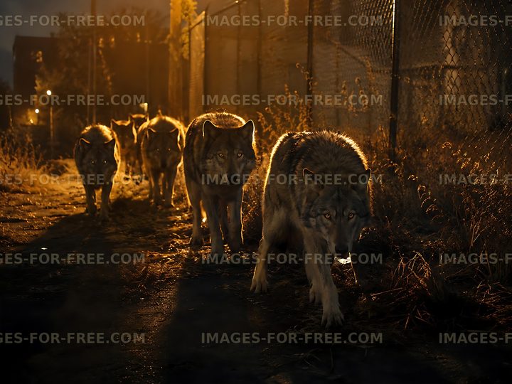 Wolves walking on a deserted street at night