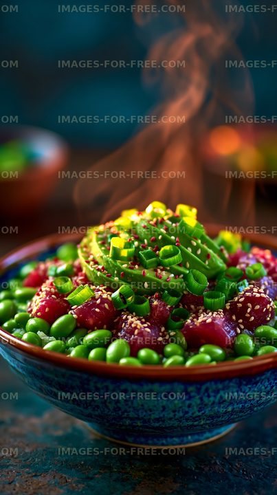 Fresh salad bowl with colorful ingredients and steam rising