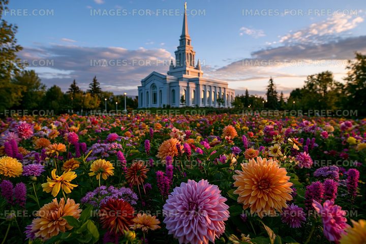 Flowers in bloom near a church with a tall spire during sunset