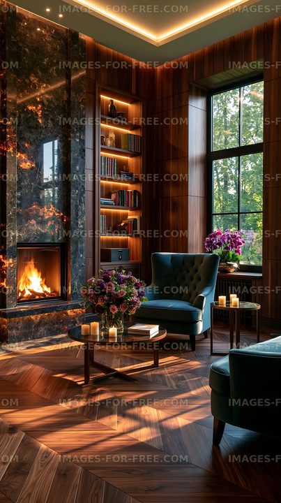 Cozy living room with fireplace and bookshelves in modern design