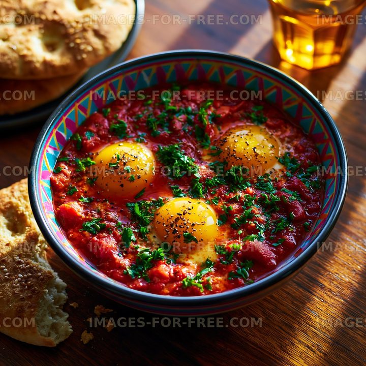 Dish of eggs in tomato sauce served in a colorful bowl