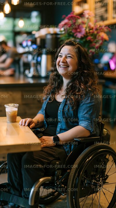 Woman in wheelchair enjoying coffee in a modern cafe