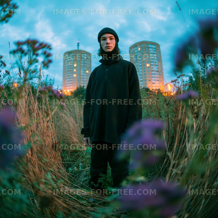 Person standing among flowers with buildings in the background