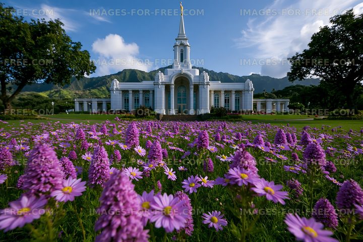 White building with tall spire surrounded by purple flowers