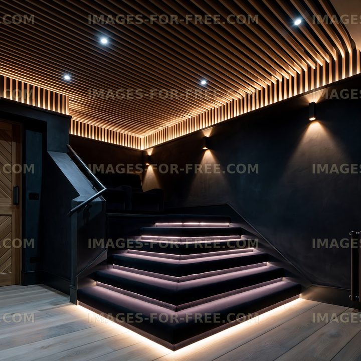 Modern staircase interior with lighting in a dark room