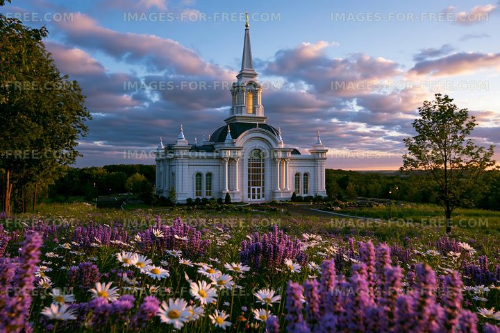 Church surrounded by flowers during sunset