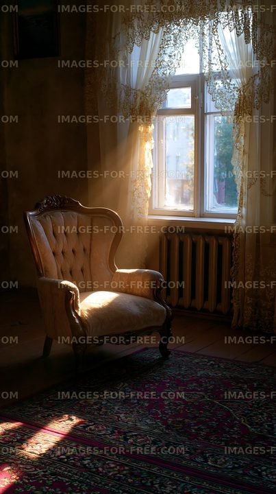Sunlight shining on a vintage armchair near a window