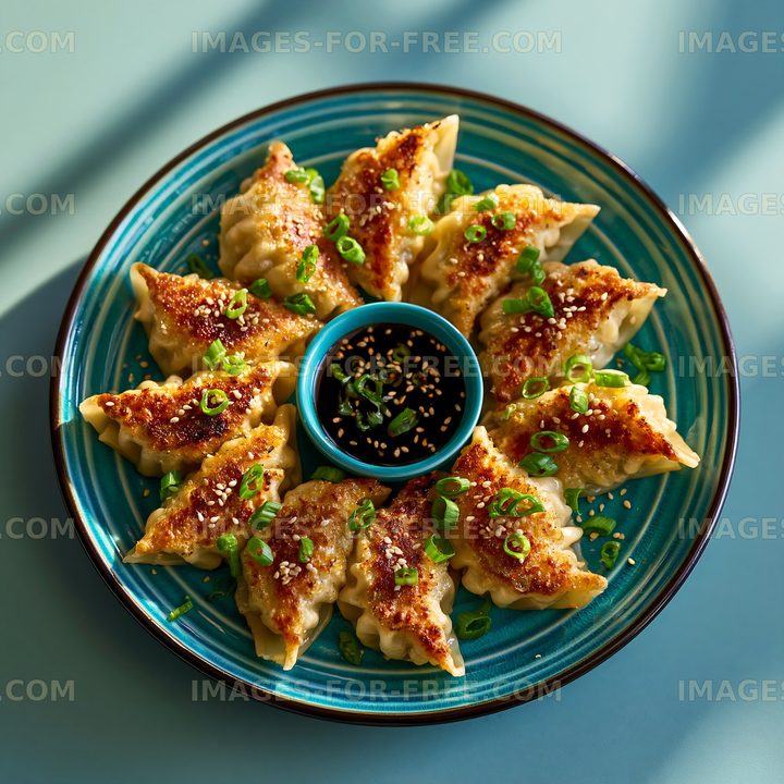 Dumplings served with dipping sauce on a blue plate