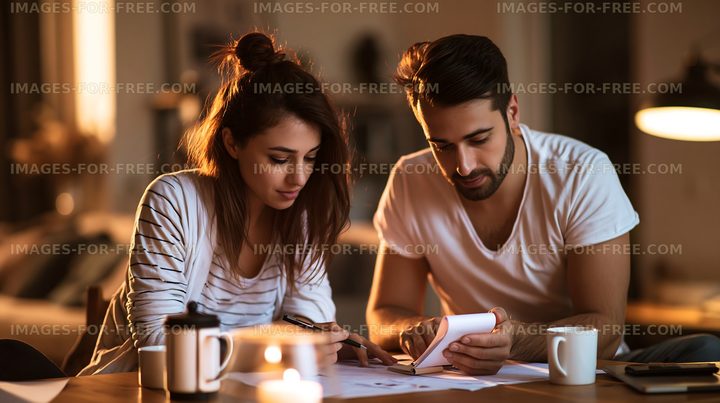 Couple working together on a project at a cozy home setting