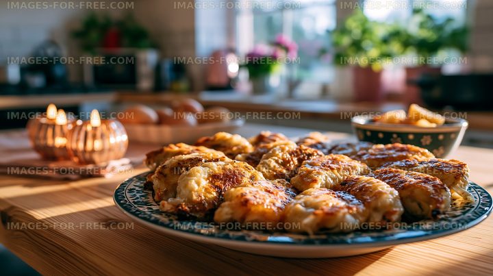 Food arranged on a table with warm light in a kitchen setting