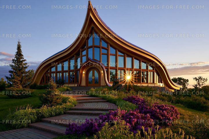 Unique building with large windows and colorful landscaping