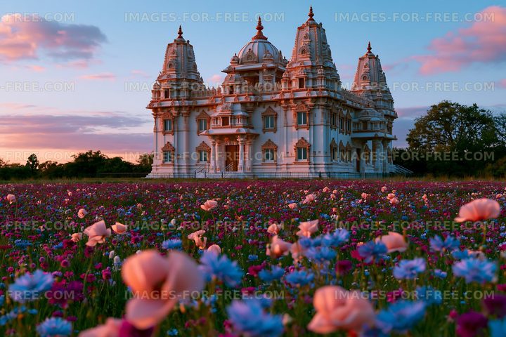 Temple surrounded by flowers at sunset in a quiet field
