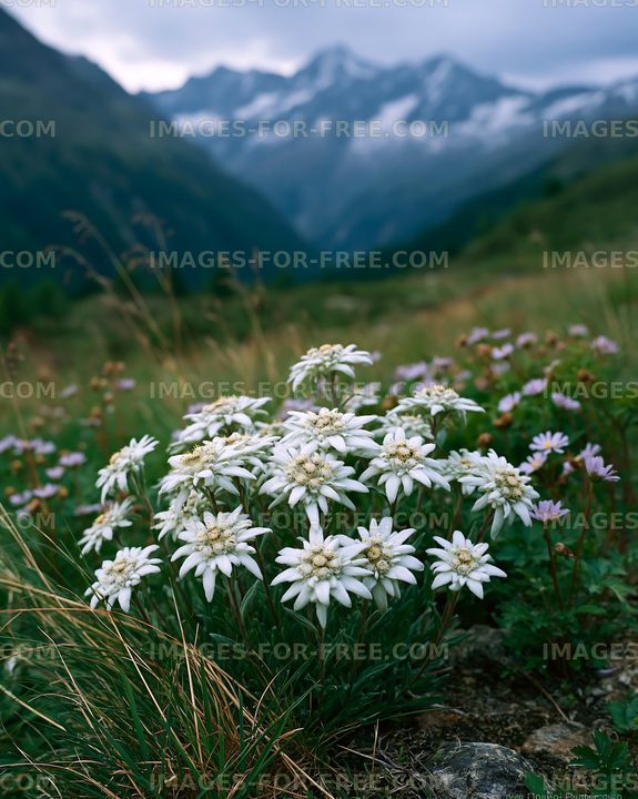 Wildflowers blooming in a valley with mountains in the background
