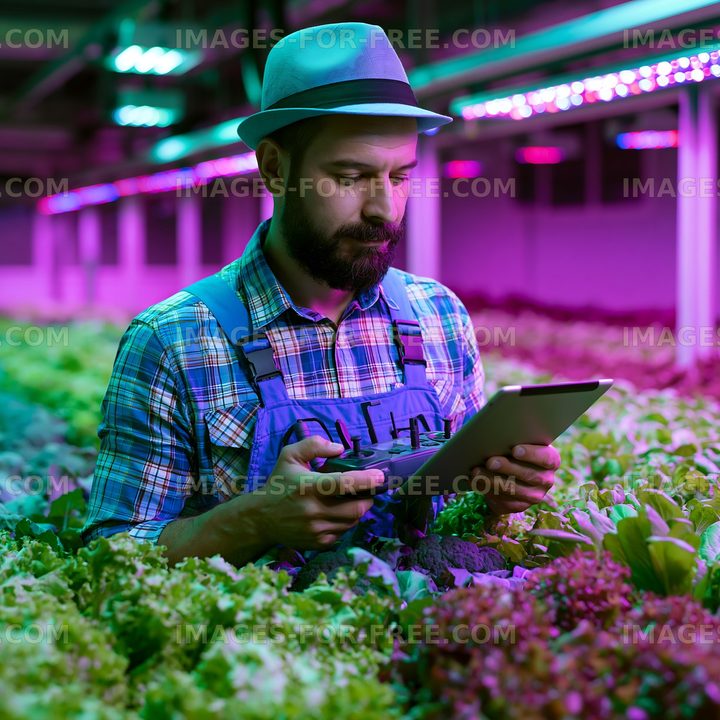 Man checking plants with a tablet in a green house