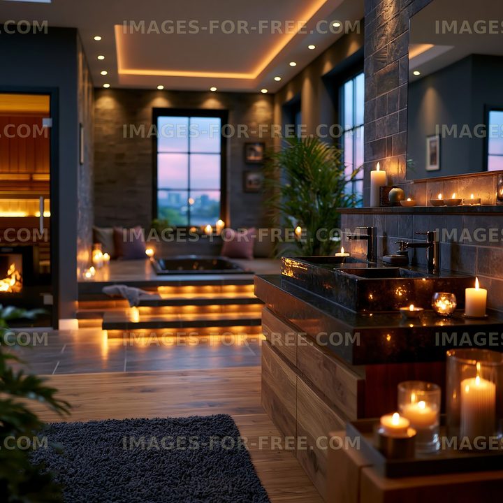 Modern bathroom with candles and soft lighting at sunset