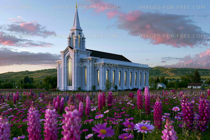 Church surrounded by colorful flowers in a field during sunset