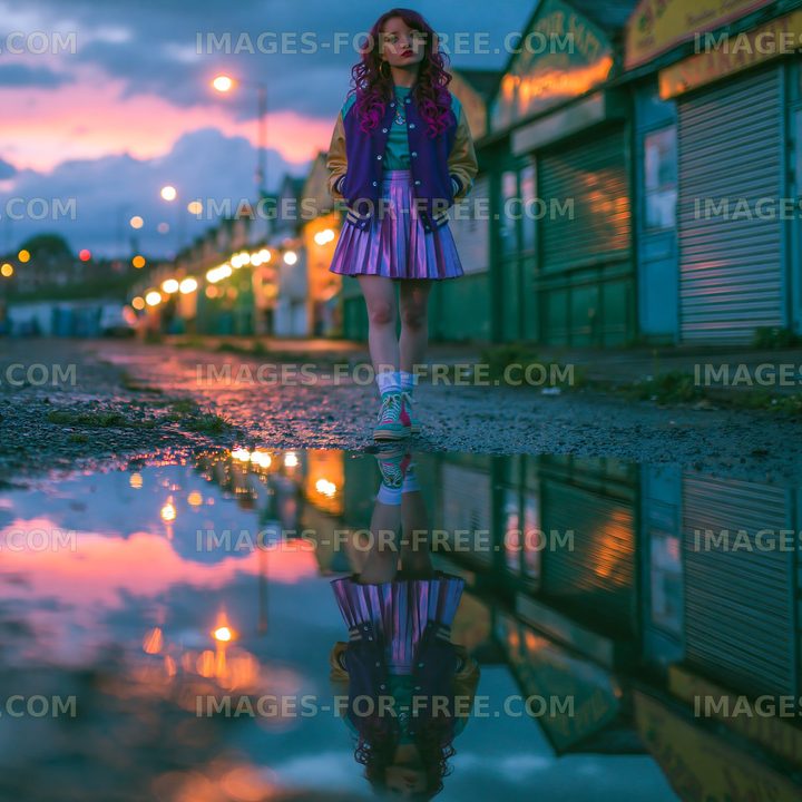 Girl standing in a puddle reflecting lights at dusk