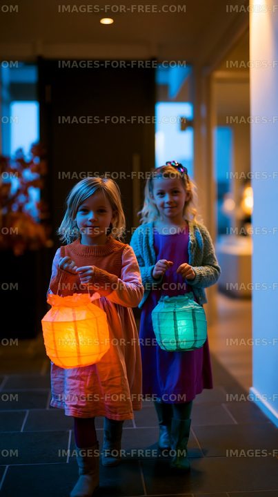 Children walking indoors at dusk holding glowing lanterns