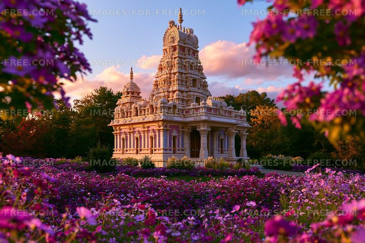 Temple surrounded by colorful flowers at sunset