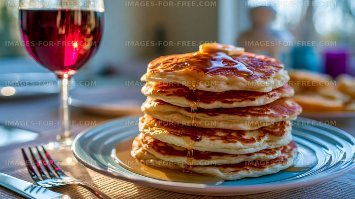 Stack of pancakes with syrup and a glass of red drink
